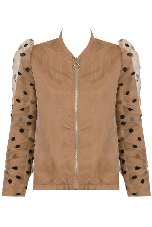 Camel Polka Dot Mesh Sleeve Bomber Jacket